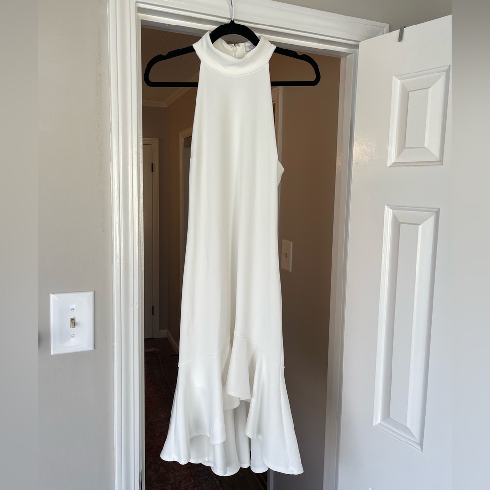 HALSTON High Neck White Ruffle Midi Dress 6